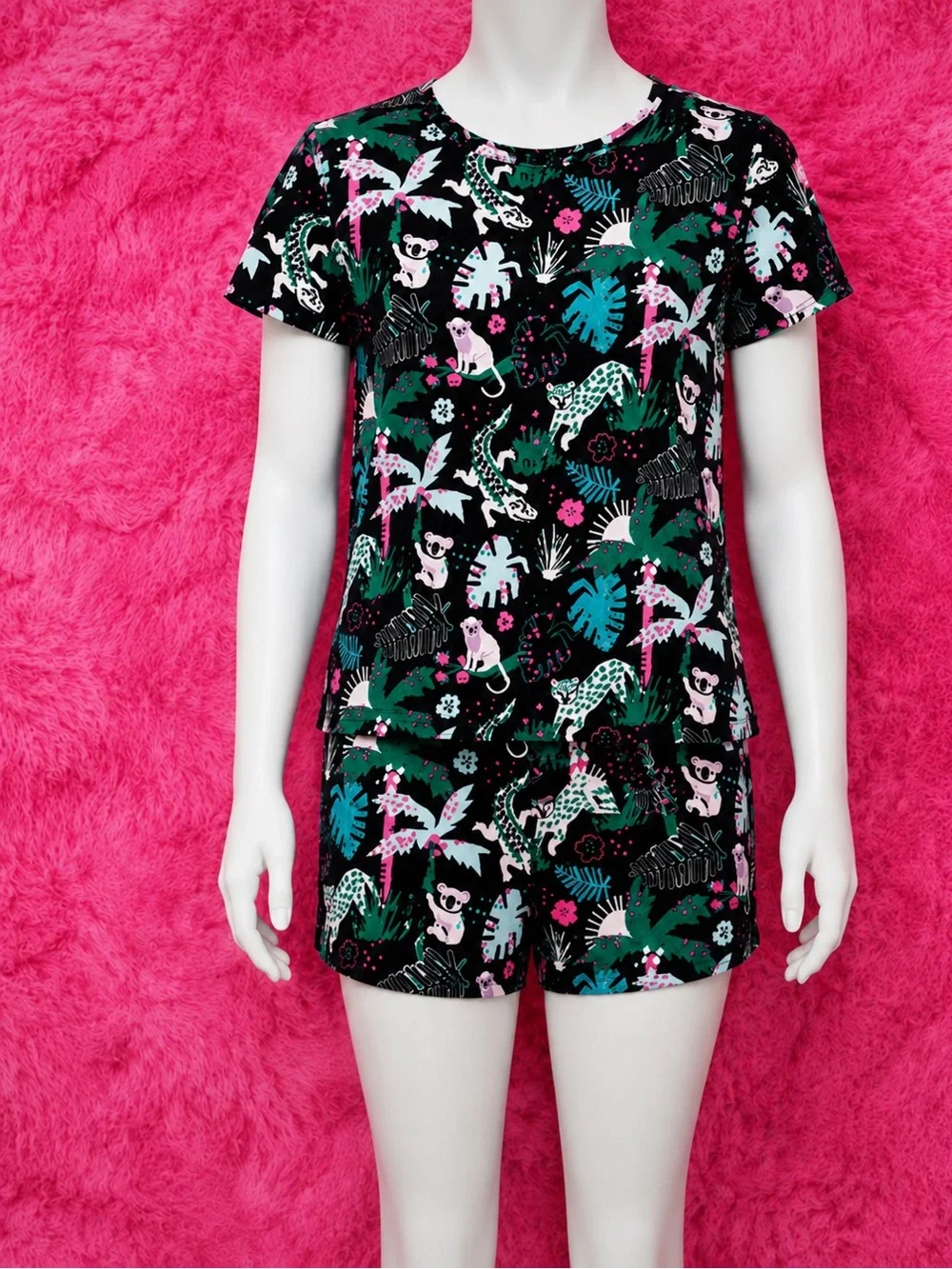 Tropical Animal Print Short Pajama Set - Black with Pink & Green girls size 12